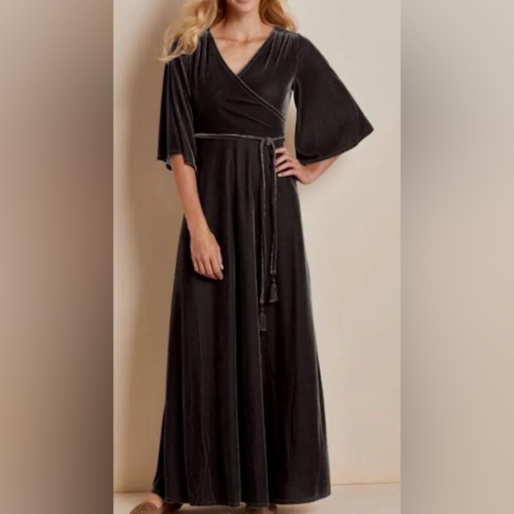 Soft Surroundings charcoal gray Velvet Wrap Maxi with Bell Sleeves
